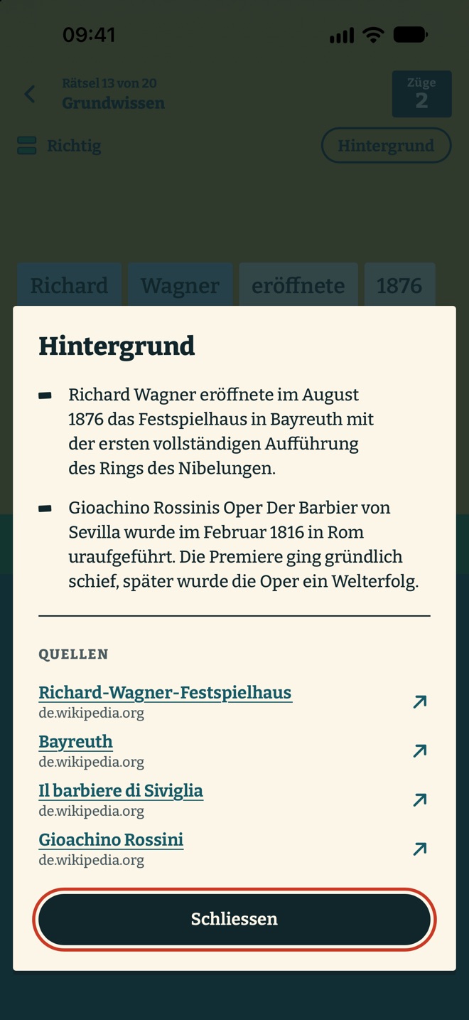 Die Karte «Hintergrund» mit zwei Fakten zu Wagner und Rossini und vier Quellen aus Wikipedia.