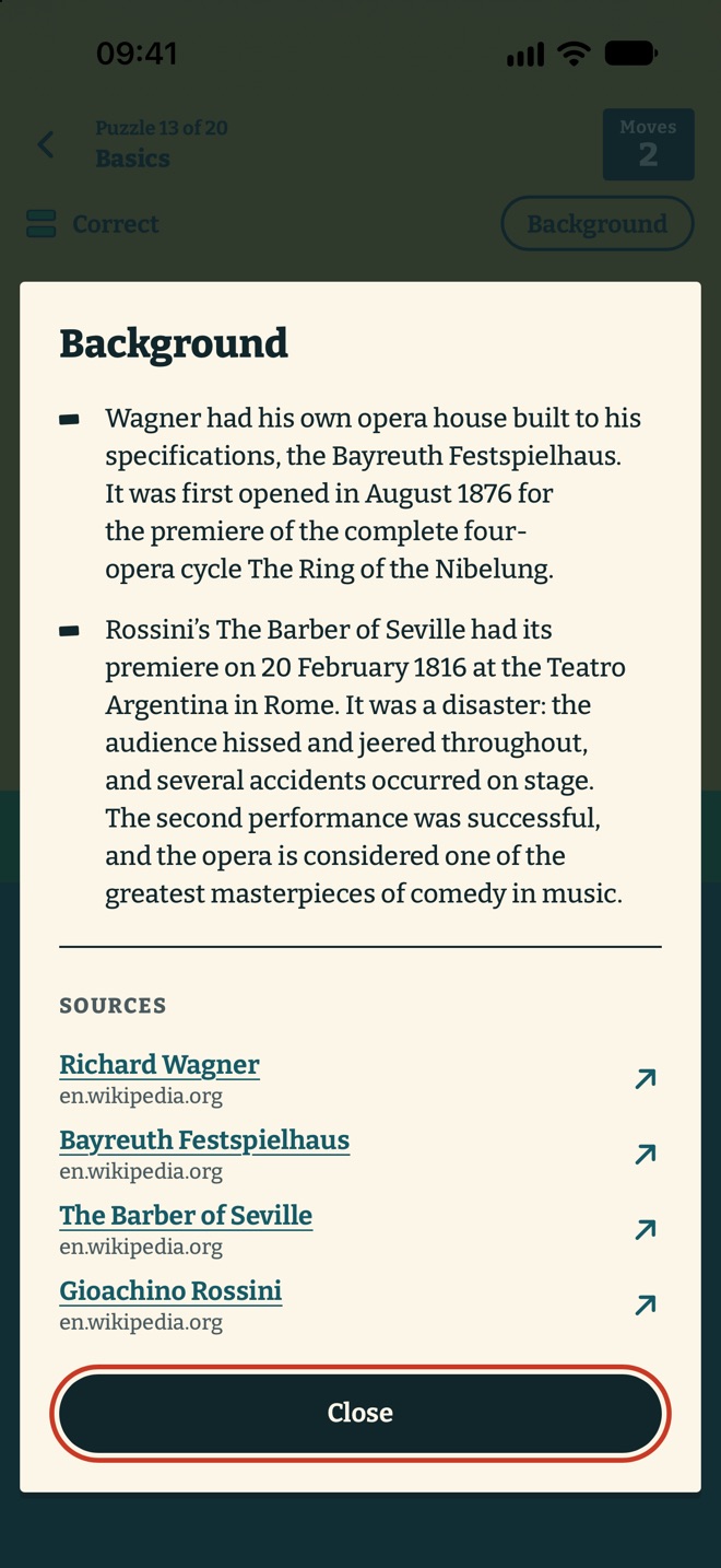The card “Background” with two facts about Wagner and Rossini and four sources from Wikipedia.