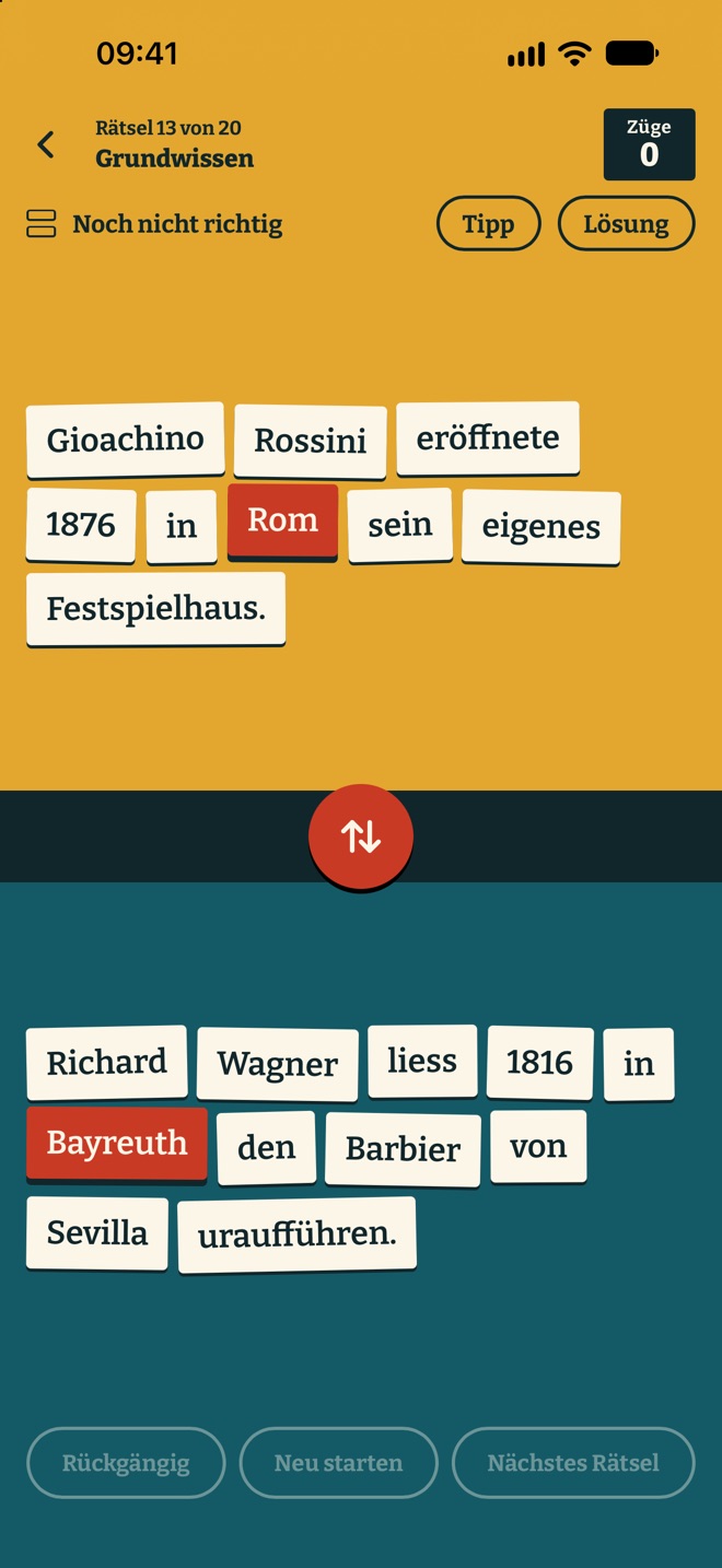 Das Spielbrett: oben «Gioachino Rossini eröffnete 1876 in Rom sein eigenes Festspielhaus», unten «Richard Wagner liess 1816 in Bayreuth den Barbier von Sevilla uraufführen». «Rom» und «Bayreuth» sind gewählt.