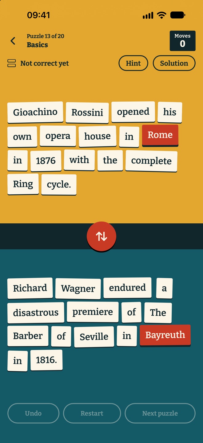 The board: above, “Gioachino Rossini opened his own opera house in Rome in 1876 with the complete Ring cycle”; below, “Richard Wagner endured a disastrous premiere of The Barber of Seville in Bayreuth in 1816”. “Rome” and “Bayreuth” are chosen.