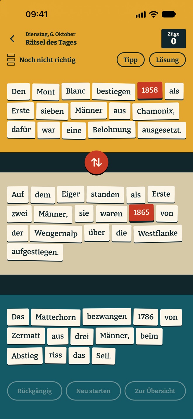Ein Rätsel des Tages mit drei Sätzen über die Erstbesteigungen von Mont Blanc, Eiger und Matterhorn. Die Jahre 1858 und 1865 sind gewählt.