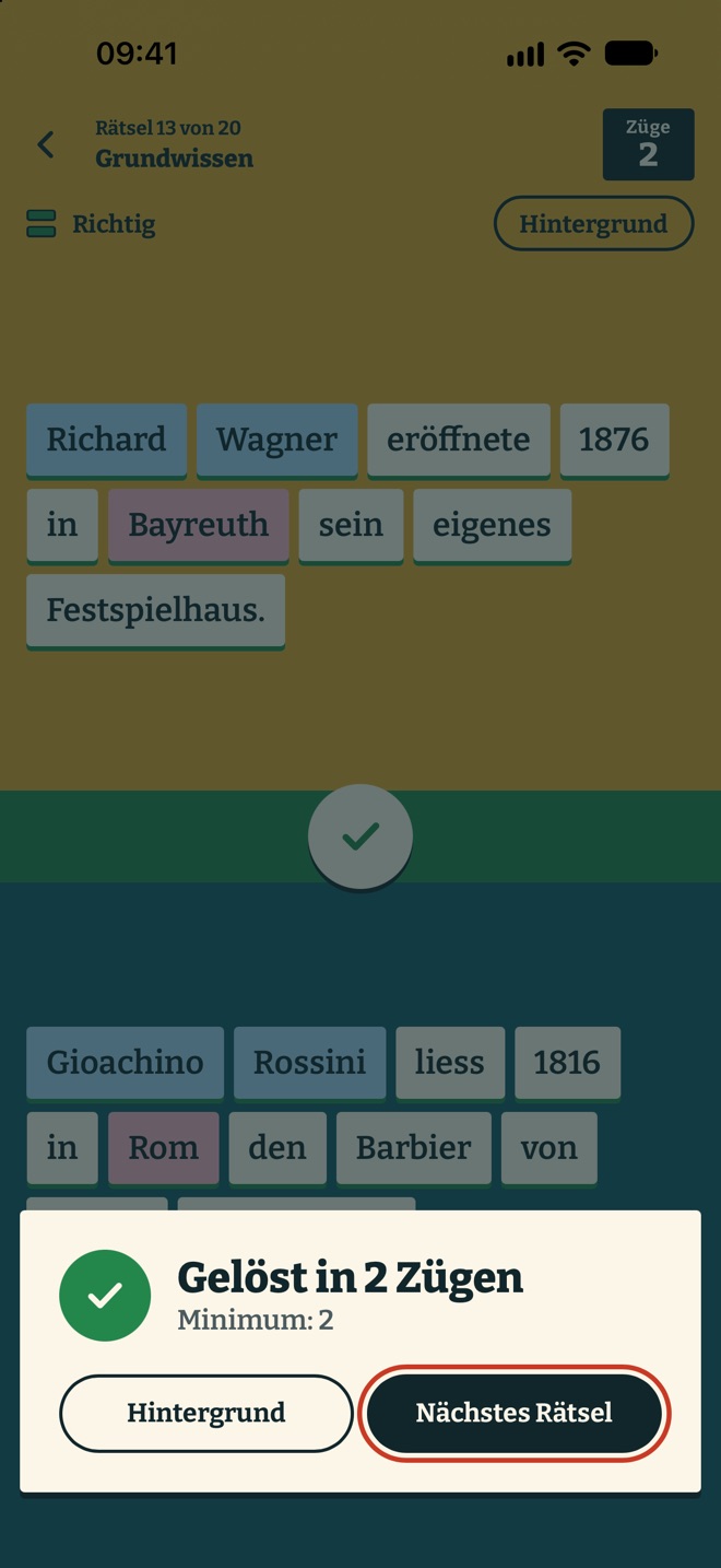 Das gelöste Rätsel mit der Karte «Gelöst in 2 Zügen, Minimum: 2».